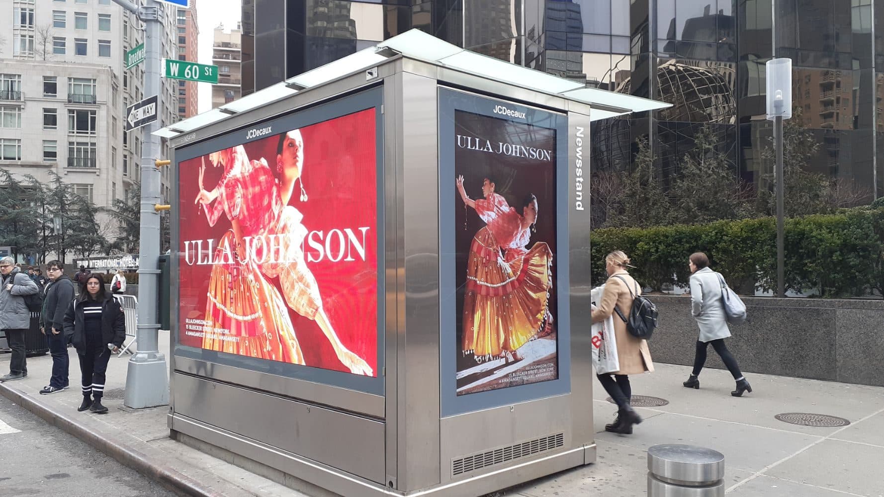 Ulla Johnson — digital newsstand screens on a Manhattan sidewalk